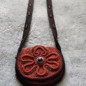 Beaded Floral Crossbody Bag - Red and Black